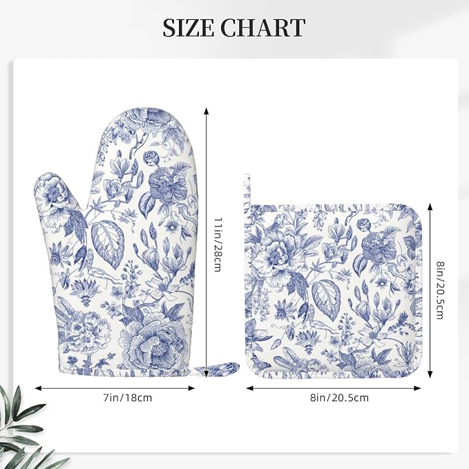 Vintage Flower Blue and White Leaves Oven Mitts and Pot Holders Sets of 4 - Image 2