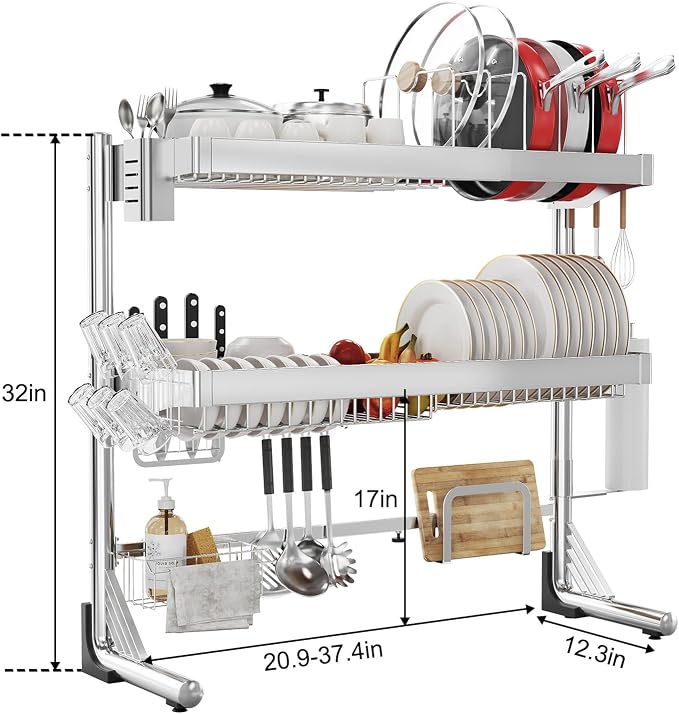 Over The Sink Dish Drainer Drying Rack 3 Tier, Full Stainless Steel Dish Drying - Image 6