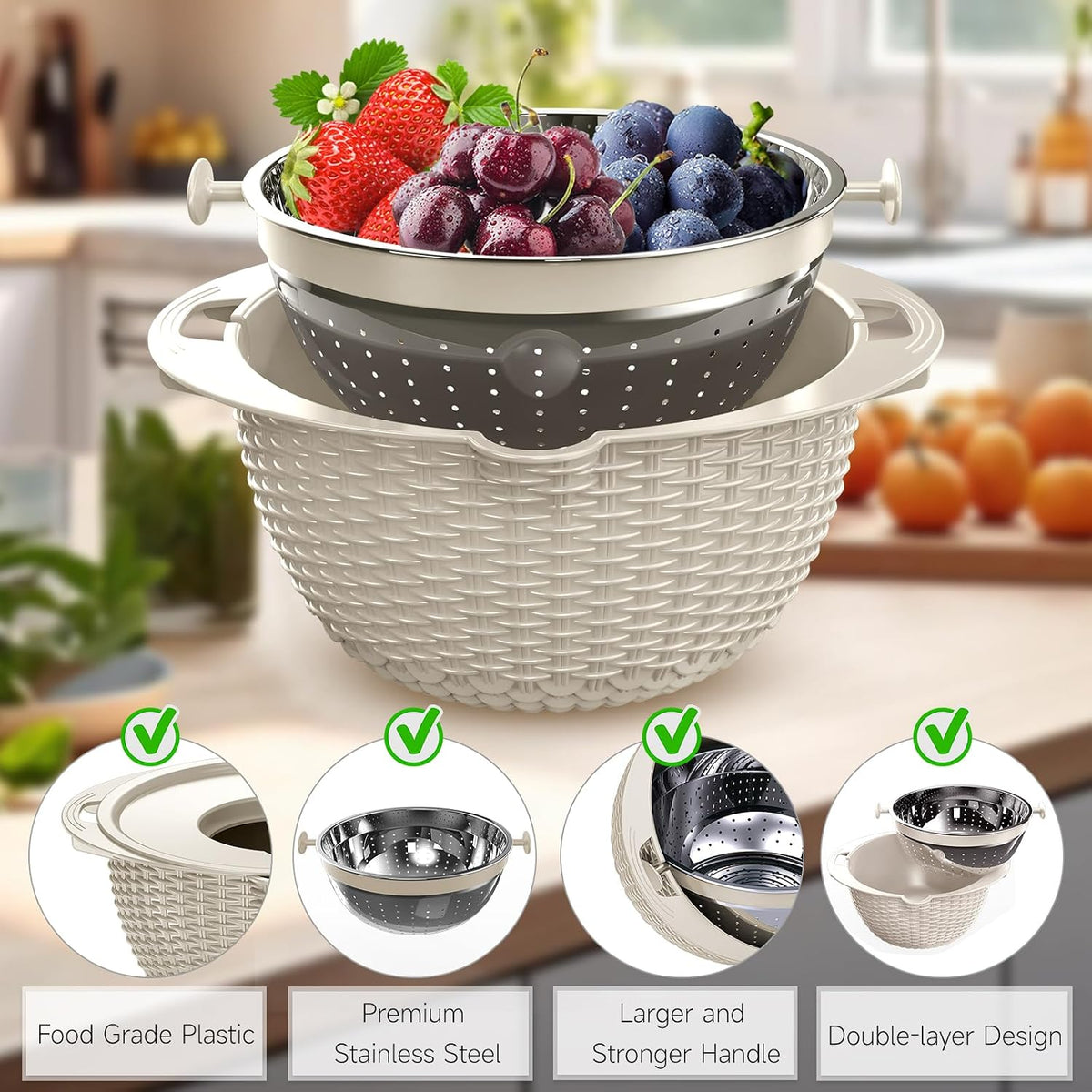 4-1 Colander with Bowl & Spoons Set - Rotatable Colander for kitchen