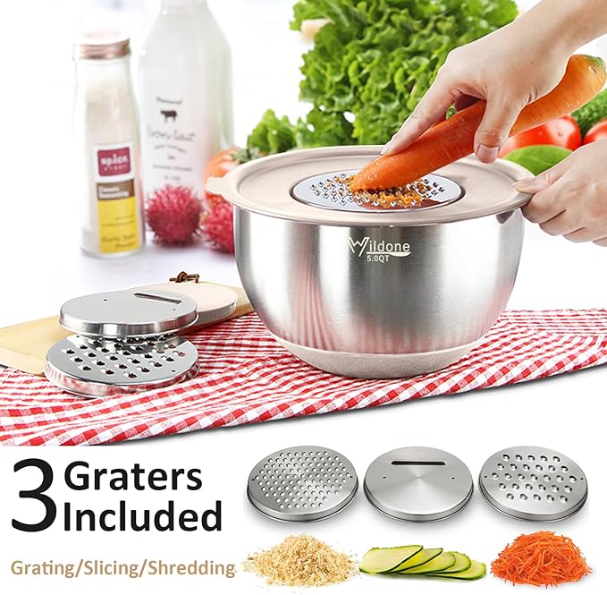 Wildone Mixing Bowls with Airtight Lids, with 3 Grater Attachments, Scale Mark - Image 2
