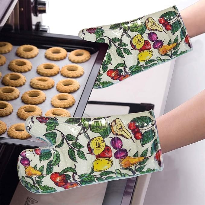 Oven Mitts Set of 2 with Transparent Clear Silicone Shell and Nice Friut Flower - Image 2
