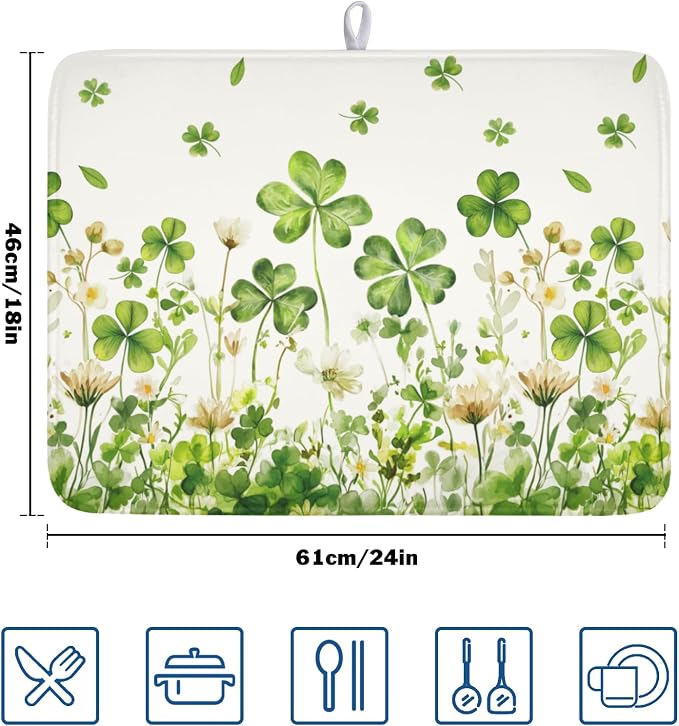 St Patrick's Day Dish Drying Mat 18 x 24 Inch Green Clover Dish Drainer Rack - Image 2