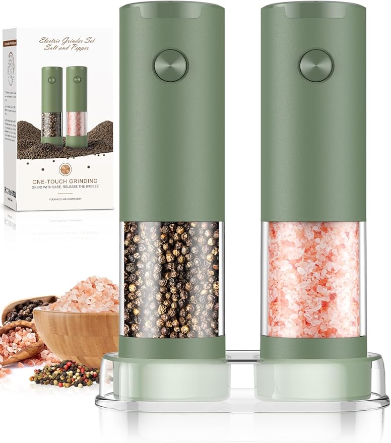 Salt and Pepper Grinder Set Mom Gifts, Electric Automatic Green Salt Pepper by ioion