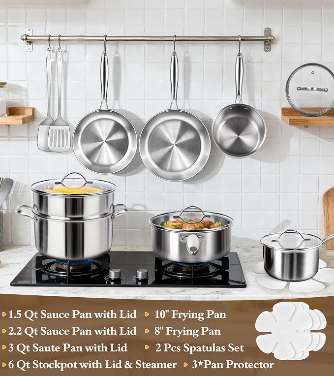 16-Piece Pots and Pans Set, Tri-Ply Stainless Steel Cookware Set - Image 2