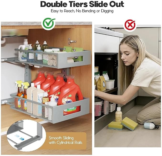 Under Sink Organizer, 2-Tier Dual Pull Out Cabinet Organizer Drawers - Image 4