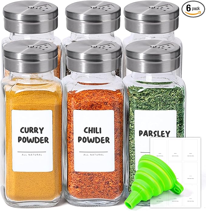 ComSaf Spice Jars with Shaker lids Adjustable, 8oz 6PCS，9 DIY Labels, Spice by ComSaf