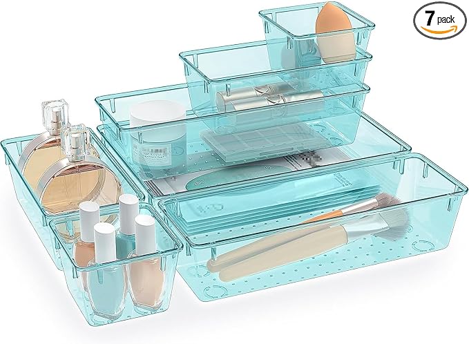 StorMiracle 7 PCS Clear Plastic Drawer Organizers Set, 4 Size Desk Drawer by StorMiracle