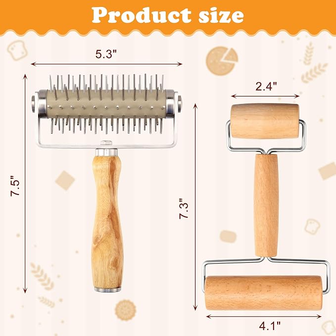 2Pcs Pizza Dough Roller & Dough Docker, Wood Rolling Pin Stainless Steel Dough - Image 4