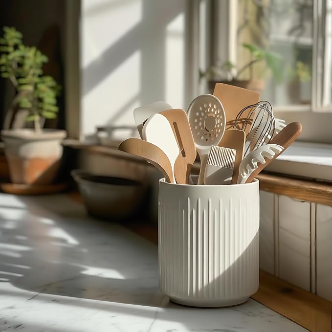 JIEMEI HOME Utensil Holder, 7.2" Large Ceramic Stable Utensil Crock - Image 8