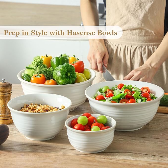 Hasense Porcelain Mixing Bowls, 2.8/2.1/1.0/0.5 Qt, Handmade Large Salad - Image 3