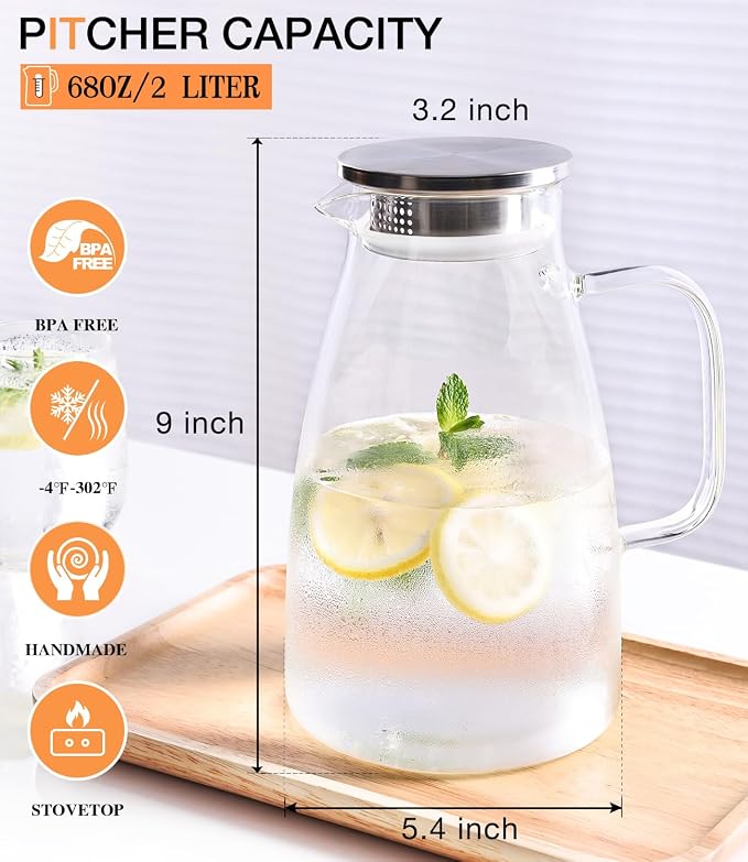 Glass Pitcher with Lid, 2 Liter 68oz Water Pitcher with Handle and Spout - Image 3