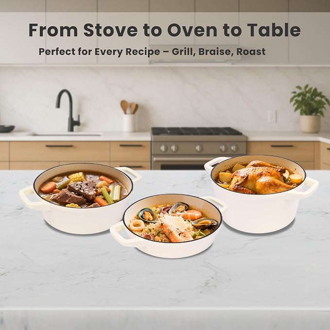 QuliMetal Enameled Cast Iron Set 5-Pc, Dutch Oven, Grill Pan, - Image 3