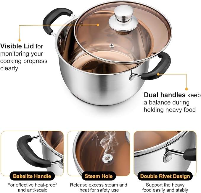 P&P CHEF 6 Qt Stockpot with Lid, Stainless Steel Cooking Stock Pot - Image 3