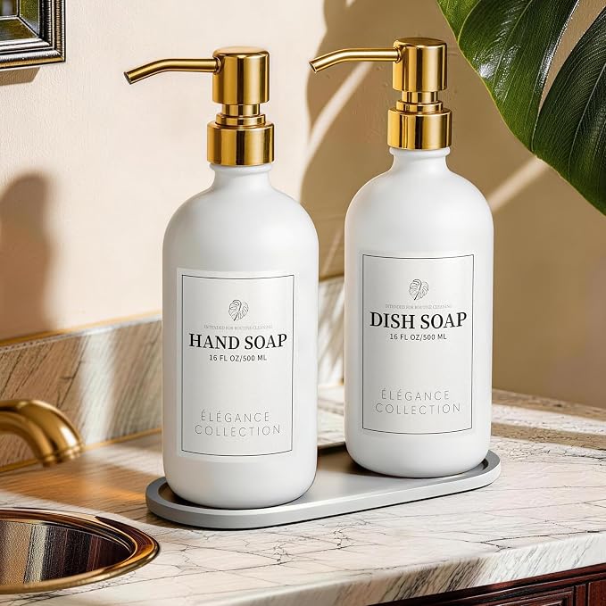 White Glass Soap Dispenser Set of 2, 16oz Hand and Dish Soap Dispenser by FachixyUS