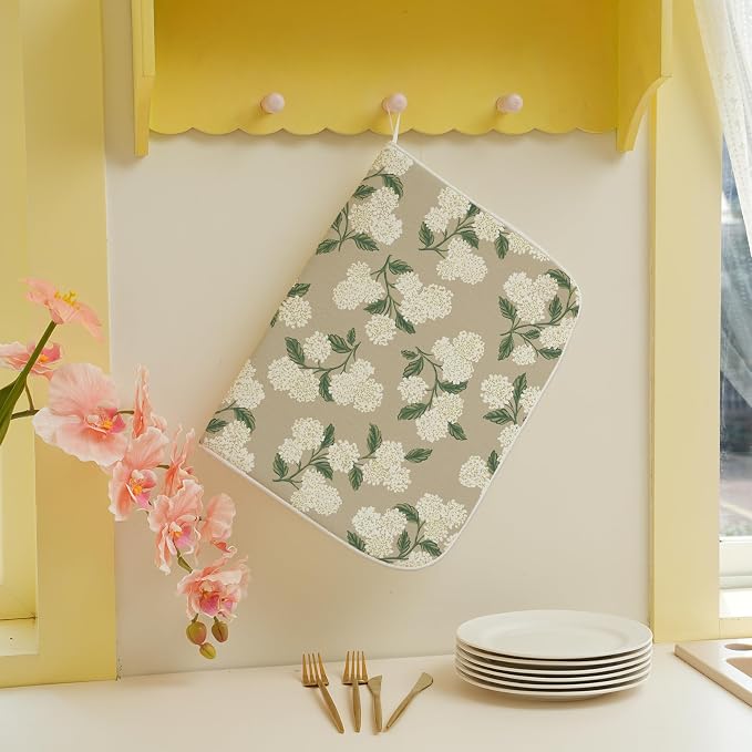 Beige Dish Drying Mat 18x24 Inch Khaki Green Vintage Floral Hydrangea Flower - Image 5