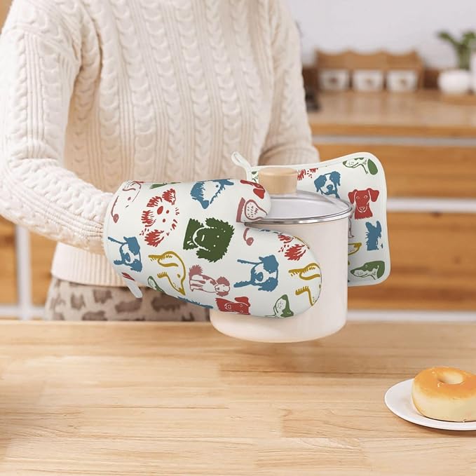 Cute Colorful Dog Puppy Silicone Oven Mitts Pan Mats Set of 2, Heat Resistant - Image 7