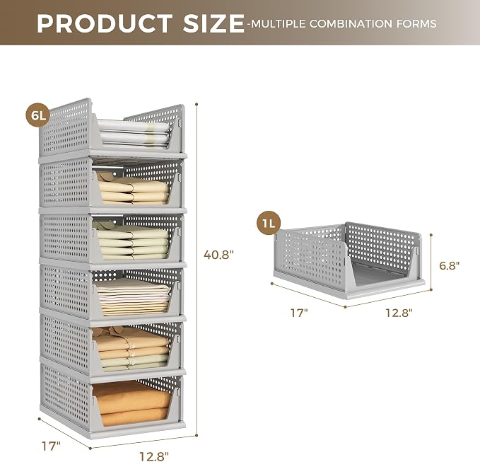 Pinkpum Grey 6 Pack Closet Organizers Storage Bins, Stackable Plastic Drawer - Image 3