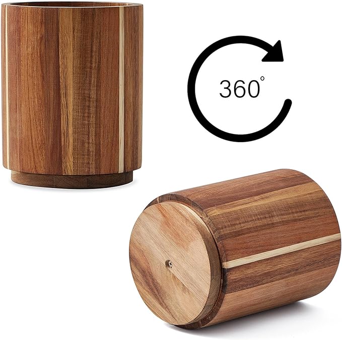 Acacia Wood Utensil Holder for Kitchen Counter, 360° Rotating 7.2" Wooden - Image 2