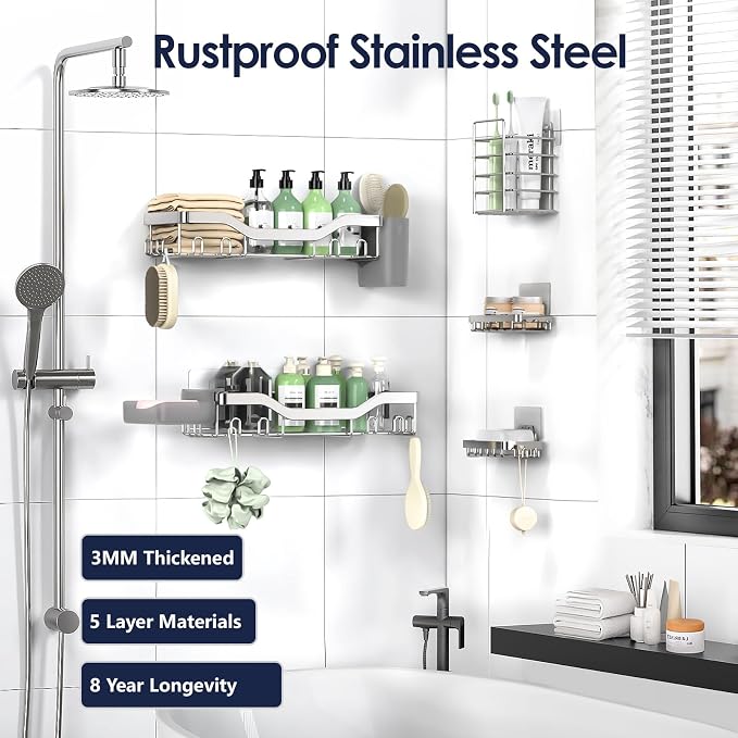 NESOMI Shower Caddy Adhesive Shower Organizer 7-Pack, Rustproof Stainless Steel - Image 5