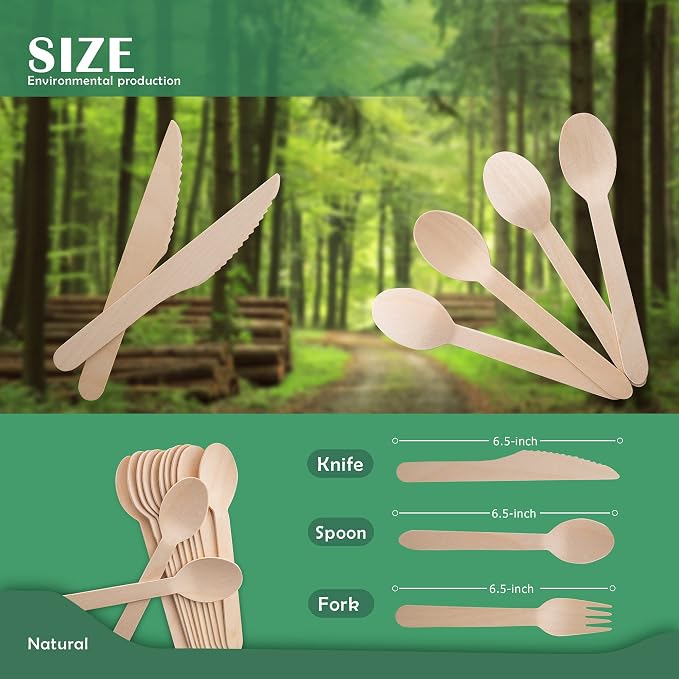 Disposable Wooden Forks -Pack of 100, 6.5" Length-Biodegradable, Natural Wooden - Image 4