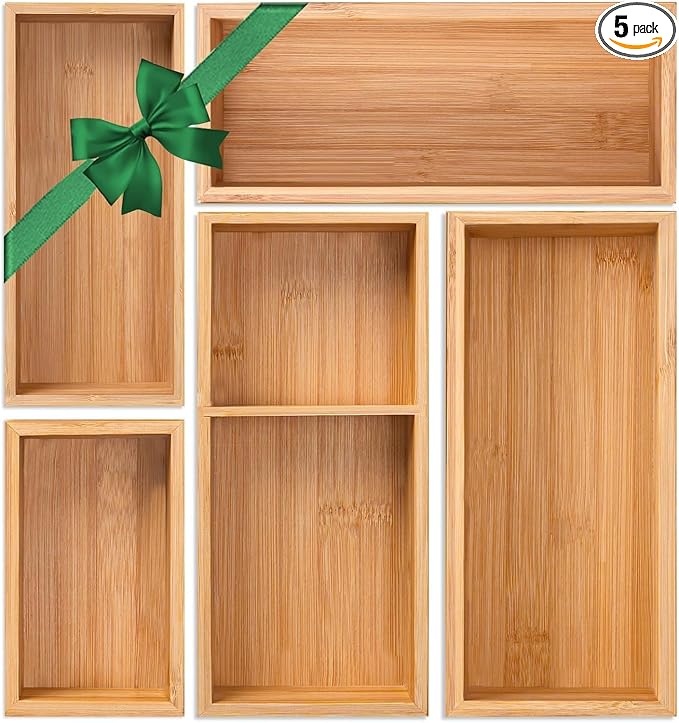 Bamboo Drawer Organizer 5 Pcs for Kitchen Multi-purpose Storage Dividers for by MakeyourLifeBetter