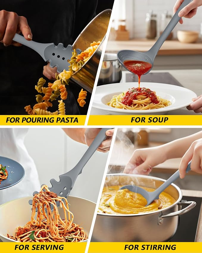 Silicone Pasta Fork and Soup Ladle Set, Heat Resistant Non Stick Kitchen - Image 5
