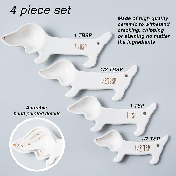 VOTUM White Dachshund Ceramic Measuring Spoon Set – Set of 4 Cute Weiner Dog - Image 2
