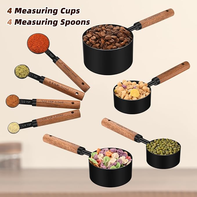 Stainless Steel Measuring Cups and Spoons Set of 8, Stackable Wooden Handle - Image 6