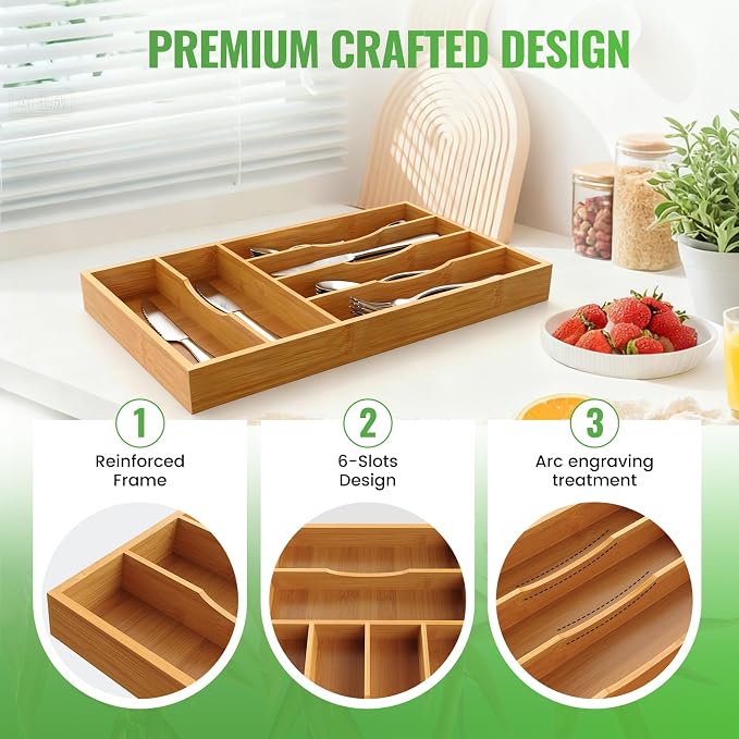 Bamboo Silverware Organizer, Bamboo Kitchen Drawer Cutlery Organizer, Utensil - Image 6