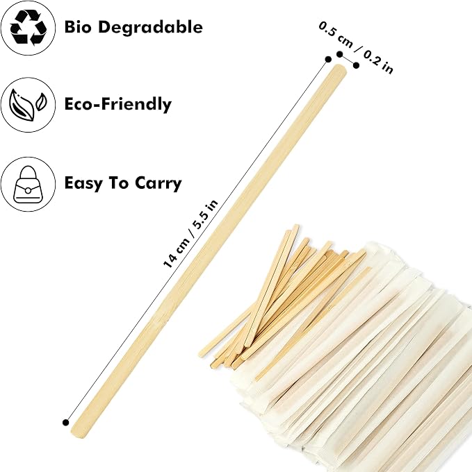 500pcs Bamboo Coffee Stirrers Individually Wrapped, 5.5 Inch Disposable Wood - Image 3