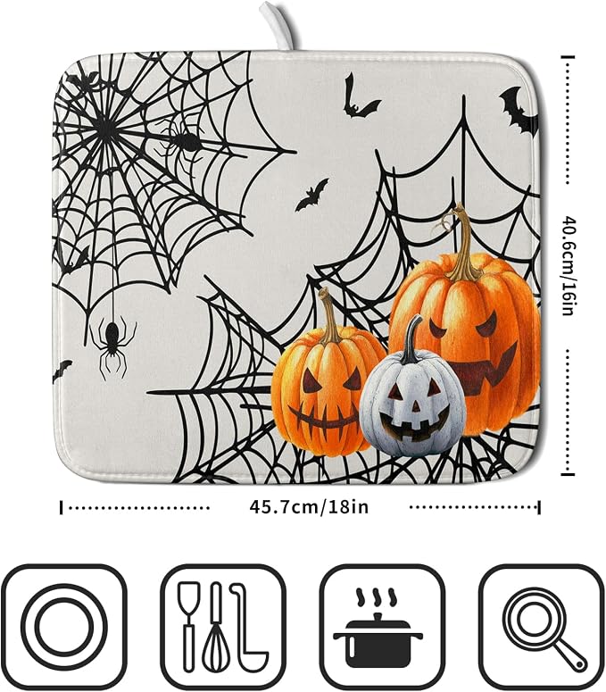 Giwawa Happy Halloween Dish Drying Mat 16"x18" Spooky Colorful Pumpkins - Image 2
