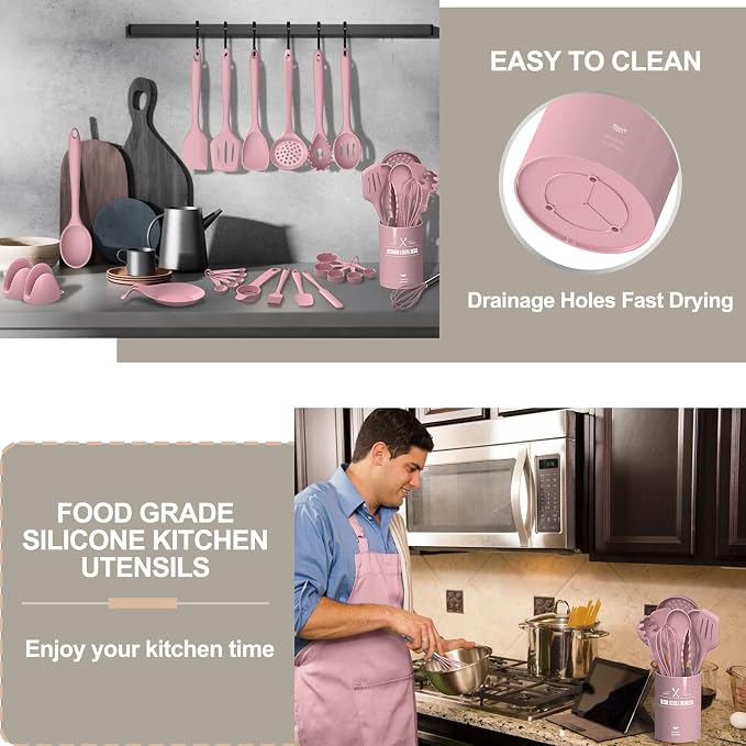 Silicone Cooking Kitchen Utensil Set, AIKKIL 43 Pcs Pink Cooking Utensils Set - Image 7