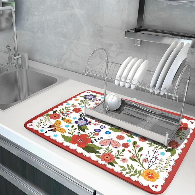 Large Microfiber Dish Drying Mat Red Floral Absorbent Drying Pad - Image 5