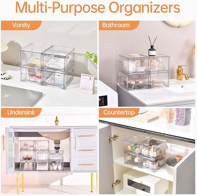 Stebopum 4 Pack Stackable Makeup Organizer, 4.4'' Tall Acrylic Bathroom Makeup - Image 7
