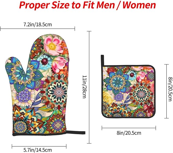 Boho Floral Oven Mitts and Pot Holders Sets, Heat Resistant Colorful Kitchen - Image 4