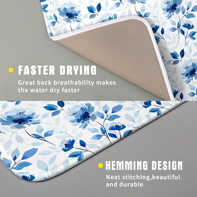 Blue Floral Dish Drying Mat 16x18 inch Flower Leaves Dish Rack Pad Microfiber - Image 3