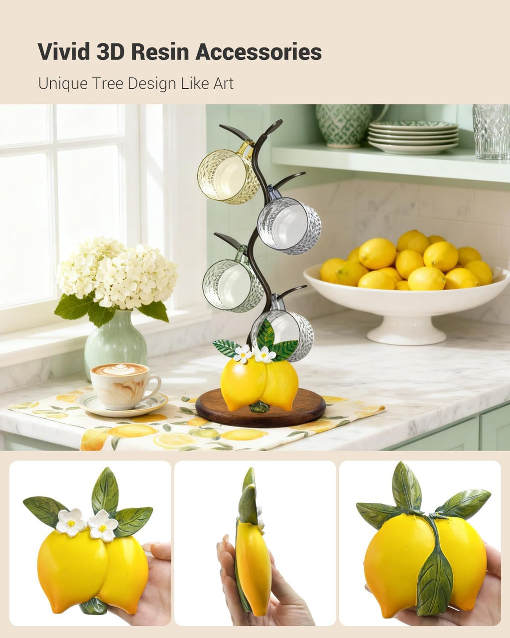 GAJ Lemon Mug Tree Coffee Cup Holder, Countertop Stand Holds 4 Cups