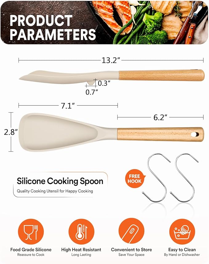 Cooking Spoon for Nonstick Cookwares, Wood Handle Spoon for Mixing, and Scrape - Image 2