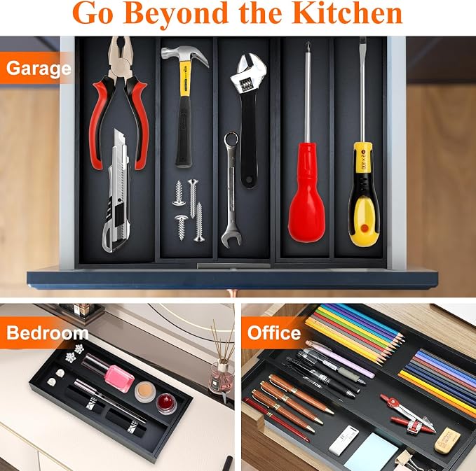 Bamboo Kitchen Tool Drawer Organizer Storage Black Cutlery Tray Expandable - Image 6