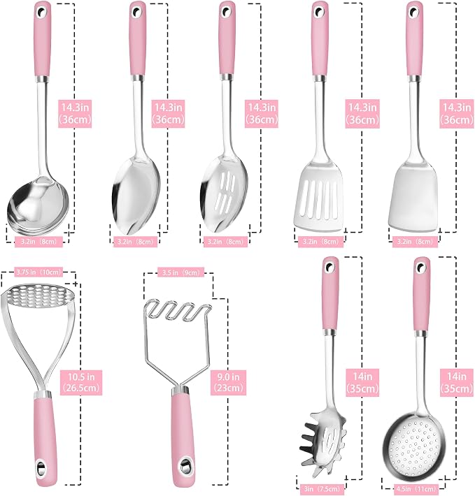 18/0 Stainless Steel Cooking Utensils Set, Heavy Duty Pink Handle - Image 4