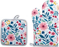Floral Oven Mitts and Pot Holders Sets 2 Pcs, Canvas Heat Resistant Kitchen by QEES