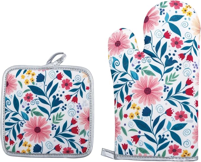 Floral Oven Mitts and Pot Holders Sets 2 Pcs, Canvas Heat Resistant Kitchen by QEES