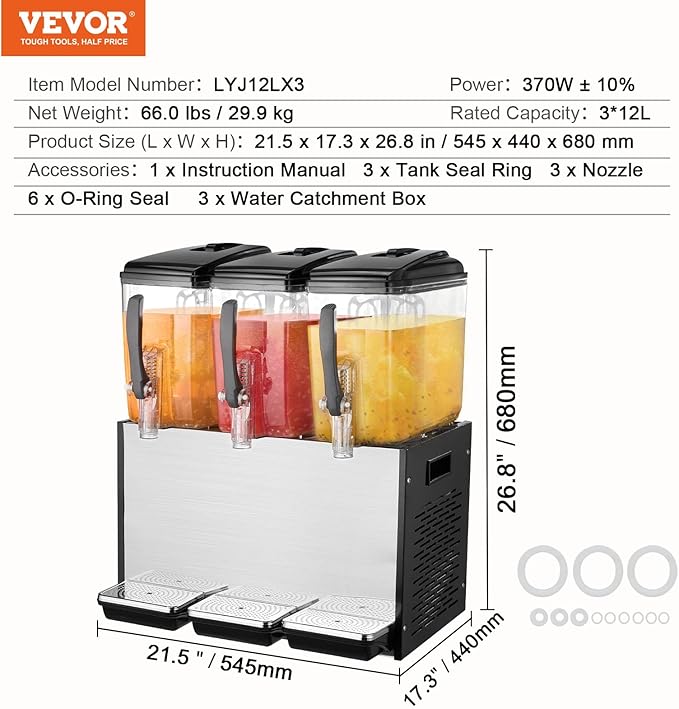 VEVOR Commercial Beverage Dispenser, 3 Tanks 12 L / 12.7 QT Per Tank Juice - Image 7