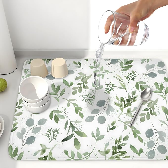 Spring Summer Sage Green Leaves Dish Drying Mat 16 x 18 Inch Spring Eucalyptus - Image 6