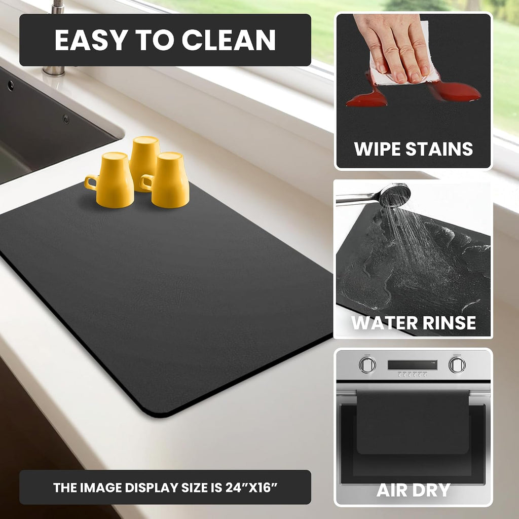 Black Dish Drying Mat – Super Absorbent, Non-Slip, 16x12 in