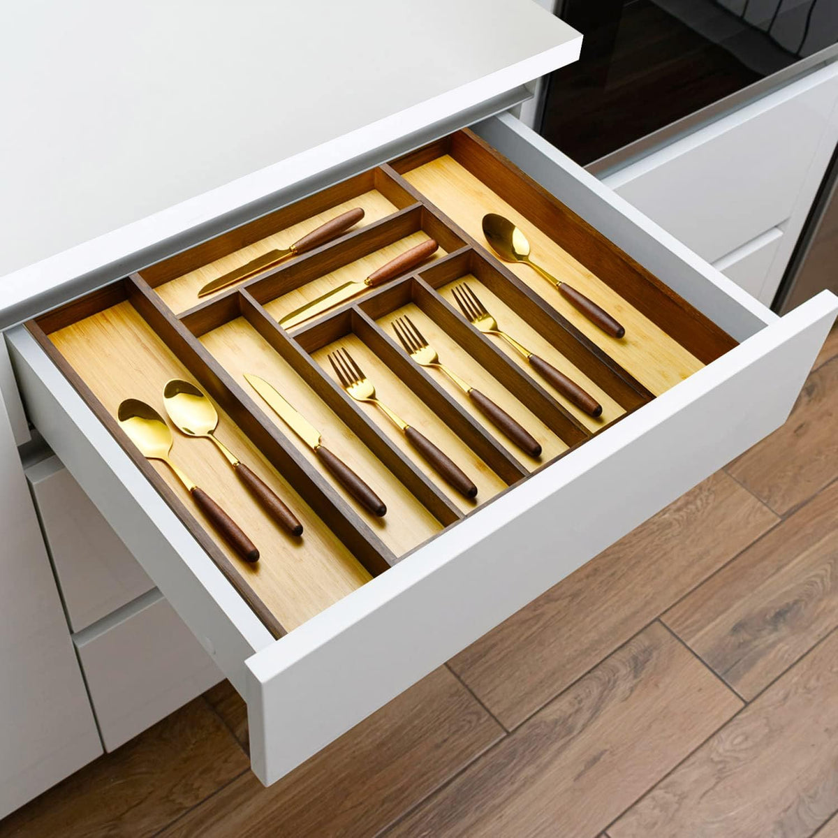Bamboo drawer organizer, utensil holder, silverware organizer, and