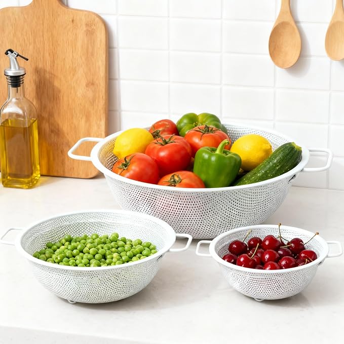 Colander Set with White Coating, Stainless Steel Micro-Perforated Colanders - Image 8