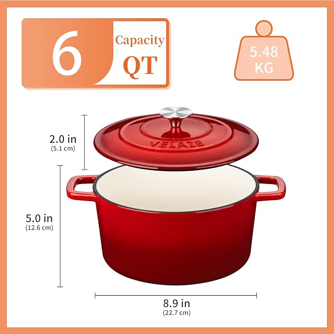 Velaze 6 QT Enameled Cast Iron Dutch Oven, Dual Handles Pot - Image 6