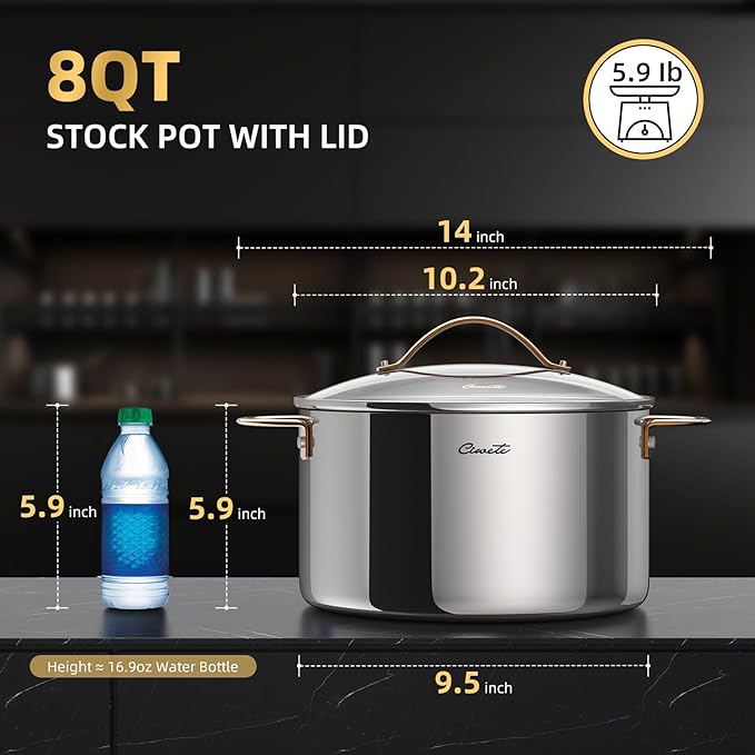 Ciwete 8 Quart Stock Pot with Lid, Upgraded Tri-Ply Stainless Steel Pot - Image 2