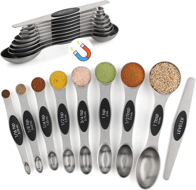 Measuring Spoon Set of 9 Magnetic Measuring Spoons Dual Sided Stainless Steel by YAMOLIN